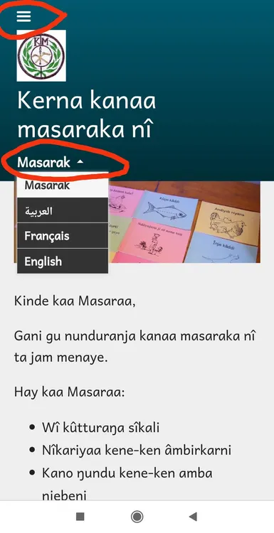 Android homepage showing menu and language buttons