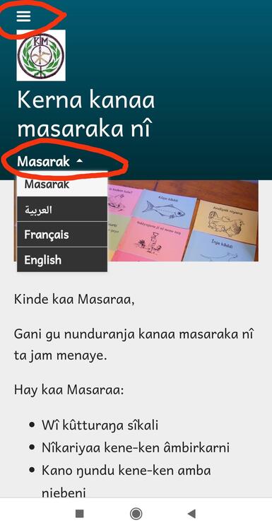Android homepage showing menu and language buttons Android homepage showing menu and language buttons